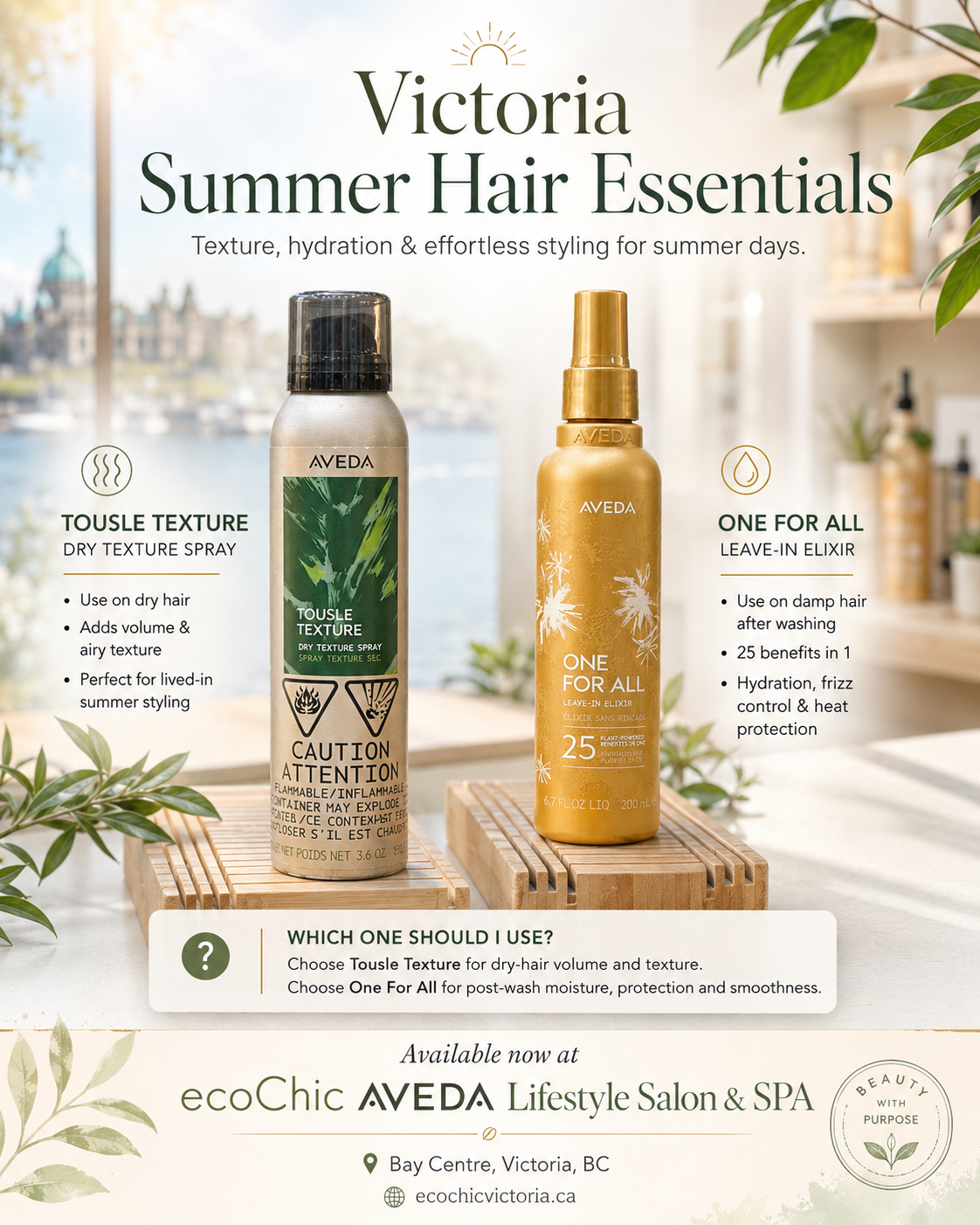 Aveda Tousle Texture Dry Texture Spray and One For All Leave-In Elixir summer hair essentials at ecoChic AVEDA Lifestyle Salon & SPA in Victoria BC