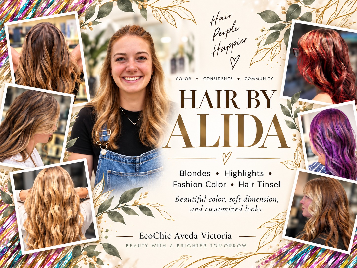 Hair by Alida 4:3 collage featuring Alida with blonde, highlights, fashion colour and hair tinsel work at ecoChic AVEDA Lifestyle Salon & SPA in Victoria BC